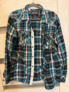 Buckle Black Teal Black and White Plaid Button-Down Shirt
